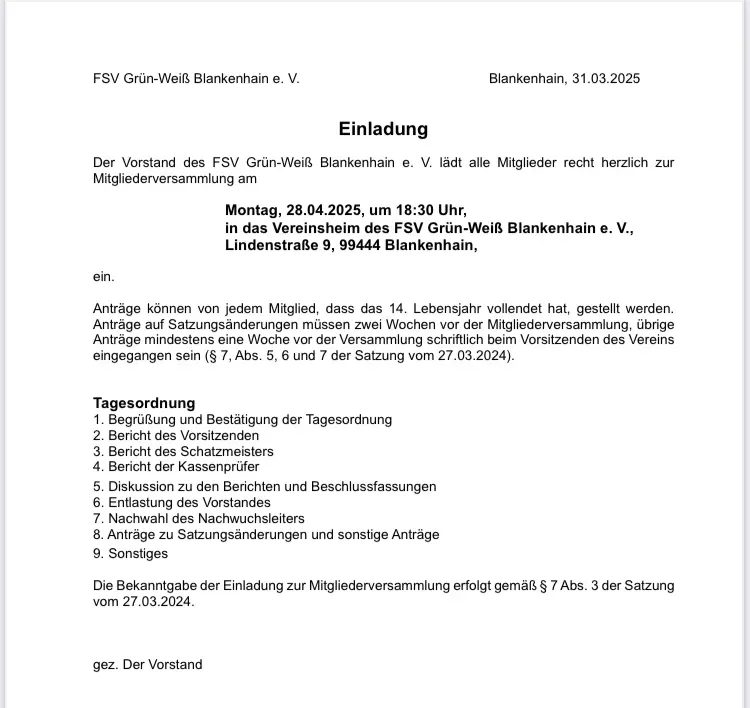 Einladung zur Mitgliederversammlung am 28.04.2025